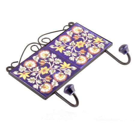 Navy Blue White Floral Tiles Hooks